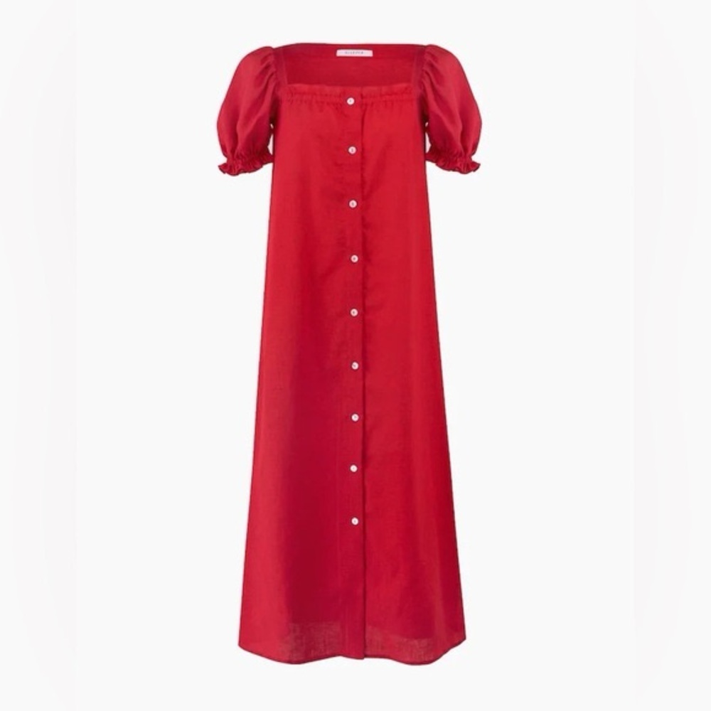 Sleeper Red Button-Front Midi Dress with Puff Sleeves